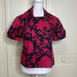 DM New York Women’s Blazer Top Pink/Black Floral Pattern Size 8 Puff Sleeves